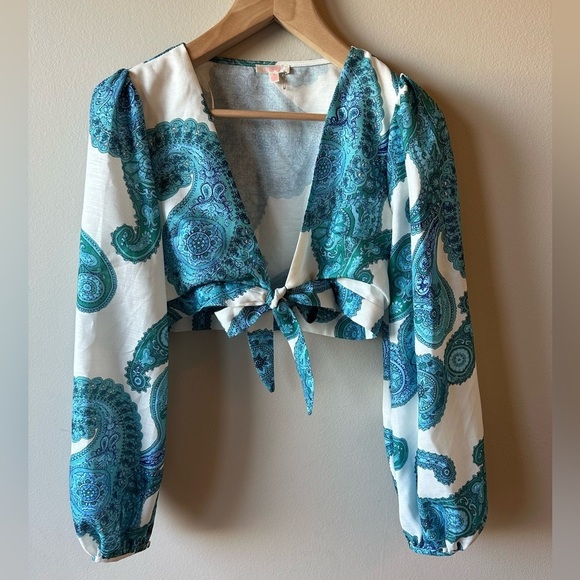 Luxxel Tops - Luxxel Teal and White Paisley Tie-Front Blouse